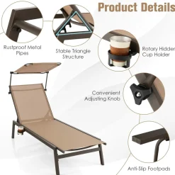 Tangkula Patio Chaise Lounge Chair, Outdoor Recliner with Adjustable Canopy & Cup Holder