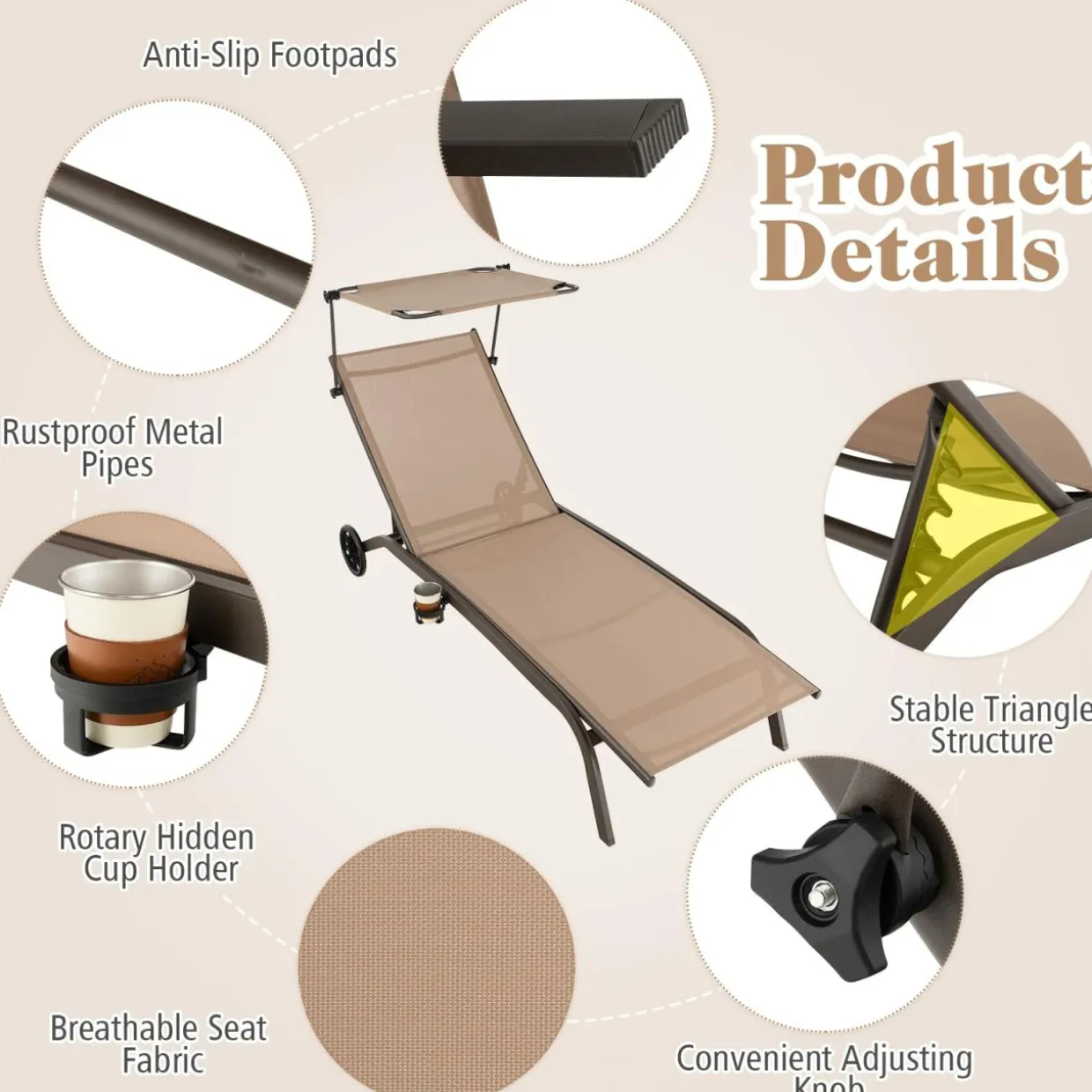 Tangkula Patio Chaise Lounge Chair, Outdoor Recliner with Wheels, Adjustable Canopy & Cupholder