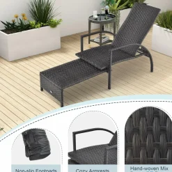 Tangkula Patio Chaise Lounge, Outdoor Rattan Lounge Chair with Retractable Ottoman