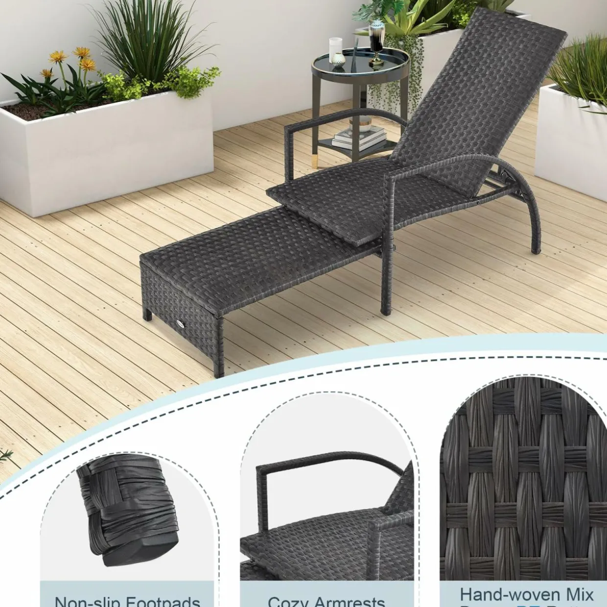 Tangkula Patio Chaise Lounge, Outdoor Rattan Lounge Chair with Retractable Ottoman