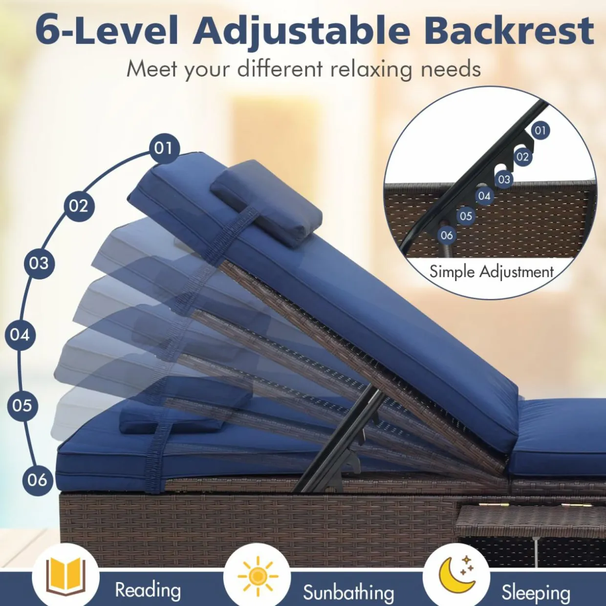 Tangkula Patio Chaise Lounge, Outdoor PE Rattan Lounge Chair w/ 6-Level Backrest