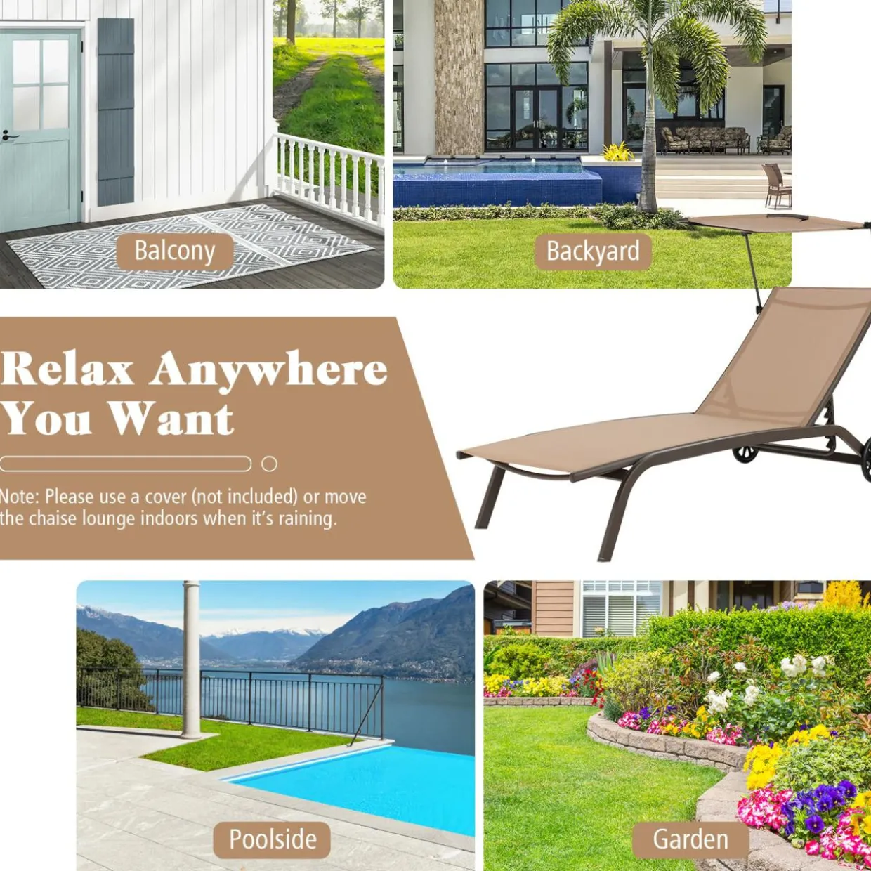 Tangkula Patio Chaise Lounge Chair, Outdoor Recliner with Wheels, Adjustable Canopy & Cupholder