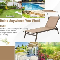 Tangkula Patio Chaise Lounge Chair, Outdoor Recliner with Adjustable Canopy & Cup Holder