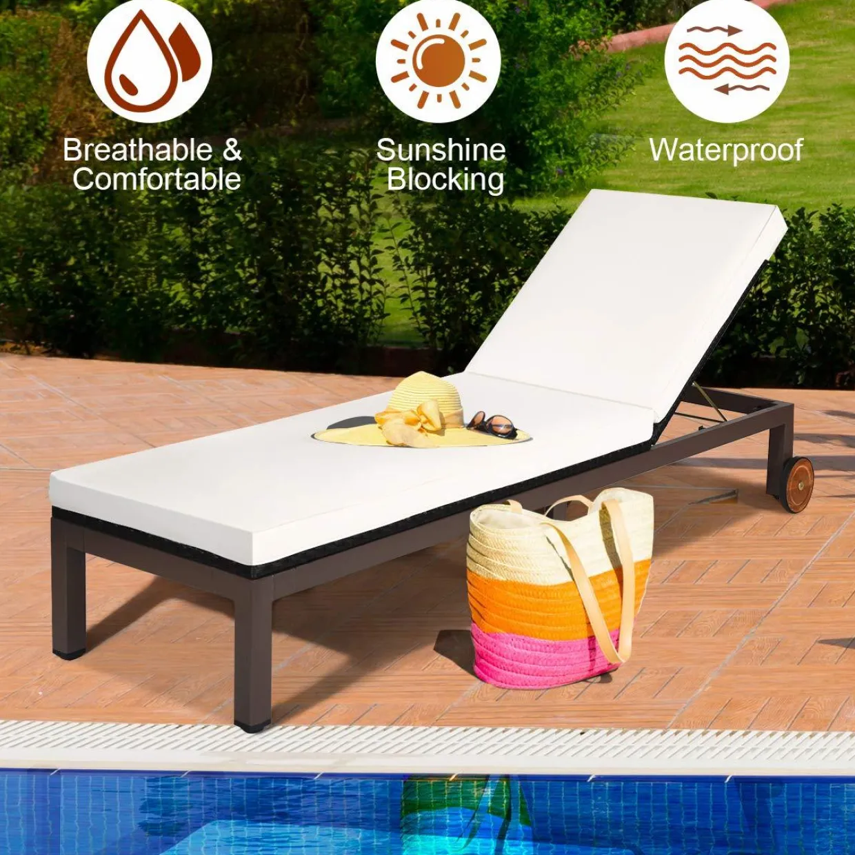 Tangkula Patio Chaise Lounge Chair, Outdoor Rattan Lounger Recliner Chair with Wheels