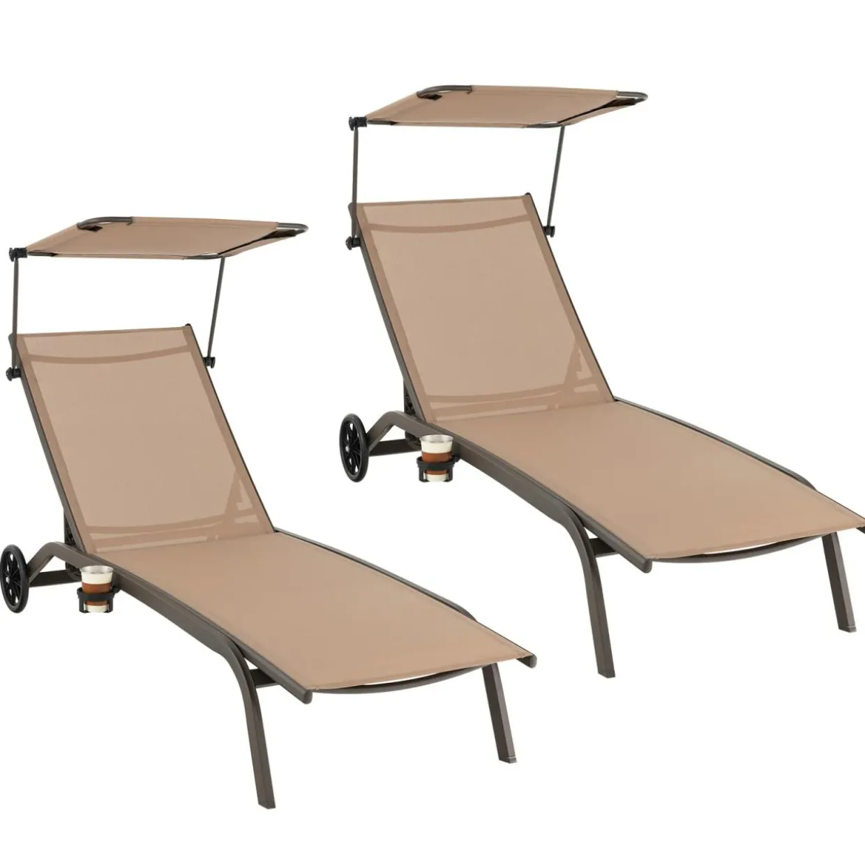 Tangkula Patio Chaise Lounge Chair, Outdoor Recliner with Wheels, Adjustable Canopy & Cupholder