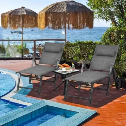 Tangkula Patio Chaise Lounge W/Wheels, Outdoor Folding Padded Lounge Chair W/ 7-Position Backrest, Removable Headrest