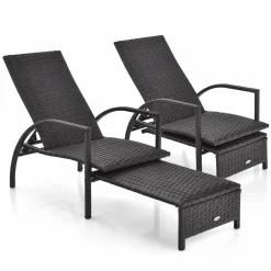 Tangkula Patio Chaise Lounge, Outdoor Rattan Lounge Chair with Retractable Ottoman