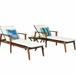 Tangkula Patio Chaise Lounge Sets, Outdoor Acacia Wood Chaise Lounger Chair