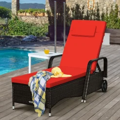 Tangkula Patio Chaise with Wheels, 6 Positions Adjustable Outdoor Lounger Chair with Steel Frame