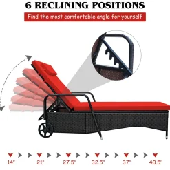 Tangkula Patio Chaise with Wheels, 6 Positions Adjustable Outdoor Lounger Chair with Steel Frame