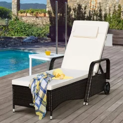 Tangkula Patio Chaise with Wheels, 6 Positions Adjustable Outdoor Lounger Chair with Steel Frame