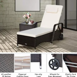 Tangkula Patio Chaise with Wheels, 6 Positions Adjustable Outdoor Lounger Chair with Steel Frame