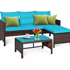 Tangkula Patio Corner Sofa Set 3 Piece, Outdoor Rattan Sofa Set