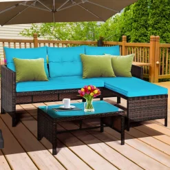 Tangkula Patio Corner Sofa Set 3 Piece, Outdoor Rattan Sofa Set