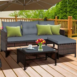 Tangkula Patio Corner Sofa Set 3 Piece, Outdoor Rattan Sofa Set