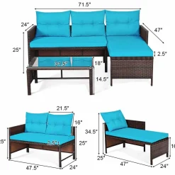 Tangkula Patio Corner Sofa Set 3 Piece, Outdoor Rattan Sofa Set