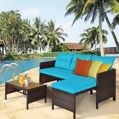 Tangkula Patio Corner Sofa Set 3 Piece, Outdoor Rattan Sofa Set