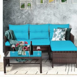 Tangkula Patio Corner Sofa Set 3 Piece, Outdoor Rattan Sofa Set