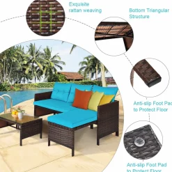 Tangkula Patio Corner Sofa Set 3 Piece, Outdoor Rattan Sofa Set