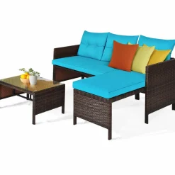 Tangkula Patio Corner Sofa Set 3 Piece, Outdoor Rattan Sofa Set