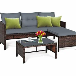 Tangkula Patio Corner Sofa Set 3 Piece, Outdoor Rattan Sofa Set