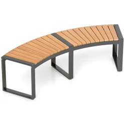 Tangkula Patio Curved Bench, Acacia Wood Fire Pit Bench w/Slatted Seat & Metal Legs