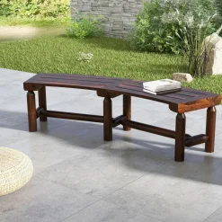 Tangkula Patio Curved Bench, Carbonized Wood Dining Bench for Round Table, Spacious & Slatted Seat