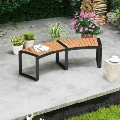 Tangkula Patio Curved Bench, Acacia Wood Fire Pit Bench w/Slatted Seat & Metal Legs