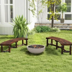 Tangkula Patio Curved Bench, Carbonized Wood Dining Bench for Round Table, Spacious & Slatted Seat