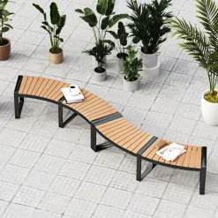 Tangkula Patio Curved Bench, Acacia Wood Fire Pit Bench w/Slatted Seat & Metal Legs