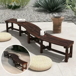 Tangkula Patio Curved Bench, Carbonized Wood Dining Bench for Round Table, Spacious & Slatted Seat