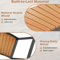 Tangkula Patio Curved Bench, Acacia Wood Fire Pit Bench w/Slatted Seat & Metal Legs