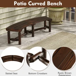 Tangkula Patio Curved Bench, Carbonized Wood Dining Bench for Round Table, Spacious & Slatted Seat