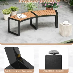 Tangkula Patio Curved Bench, Acacia Wood Fire Pit Bench w/Slatted Seat & Metal Legs