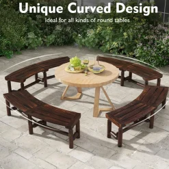 Tangkula Patio Curved Bench, Carbonized Wood Dining Bench for Round Table, Spacious & Slatted Seat