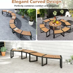 Tangkula Patio Curved Bench, Acacia Wood Fire Pit Bench w/Slatted Seat & Metal Legs