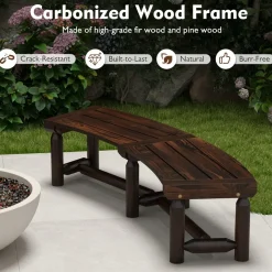Tangkula Patio Curved Bench, Carbonized Wood Dining Bench for Round Table, Spacious & Slatted Seat