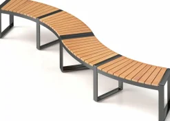 Tangkula Patio Curved Bench, Acacia Wood Fire Pit Bench w/Slatted Seat & Metal Legs