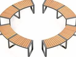 Tangkula Patio Curved Bench, Acacia Wood Fire Pit Bench w/Slatted Seat & Metal Legs