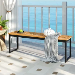 Tangkula Patio Dining Bench, 2-3-person Backless Bench with Slatted Seat & Metal Legs, Indoor Outdoor Bench for Entryway