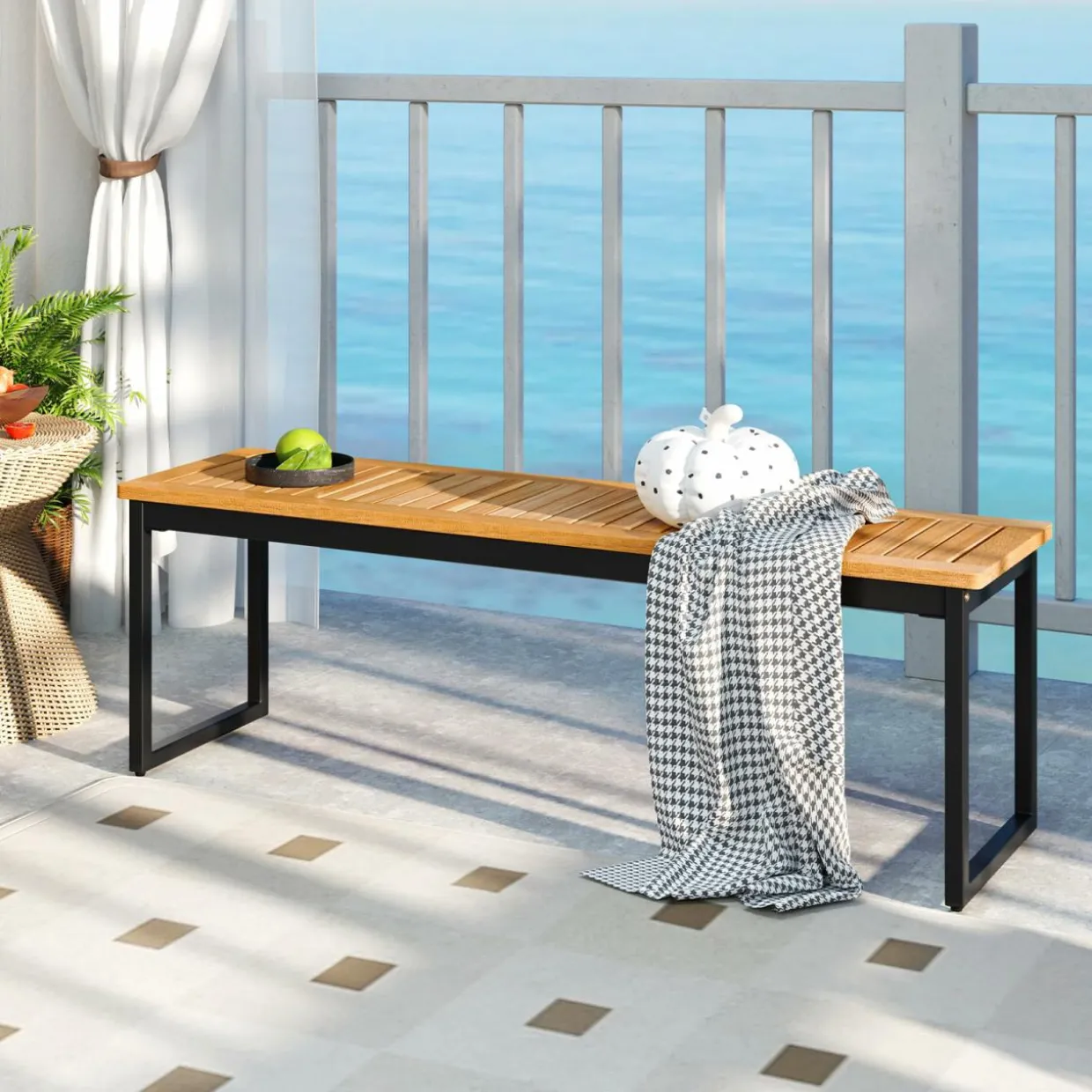 Tangkula Patio Dining Bench, 2-3-person Backless Bench with Slatted Seat & Metal Legs, Indoor Outdoor Bench for Entryway