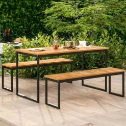 Tangkula Patio Dining Bench, 2-3-person Backless Bench with Slatted Seat & Metal Legs, Indoor Outdoor Bench for Entryway