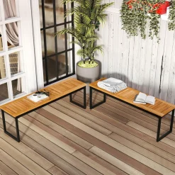 Tangkula Patio Dining Bench, 2-3-person Backless Bench with Slatted Seat & Metal Legs, Indoor Outdoor Bench for Entryway