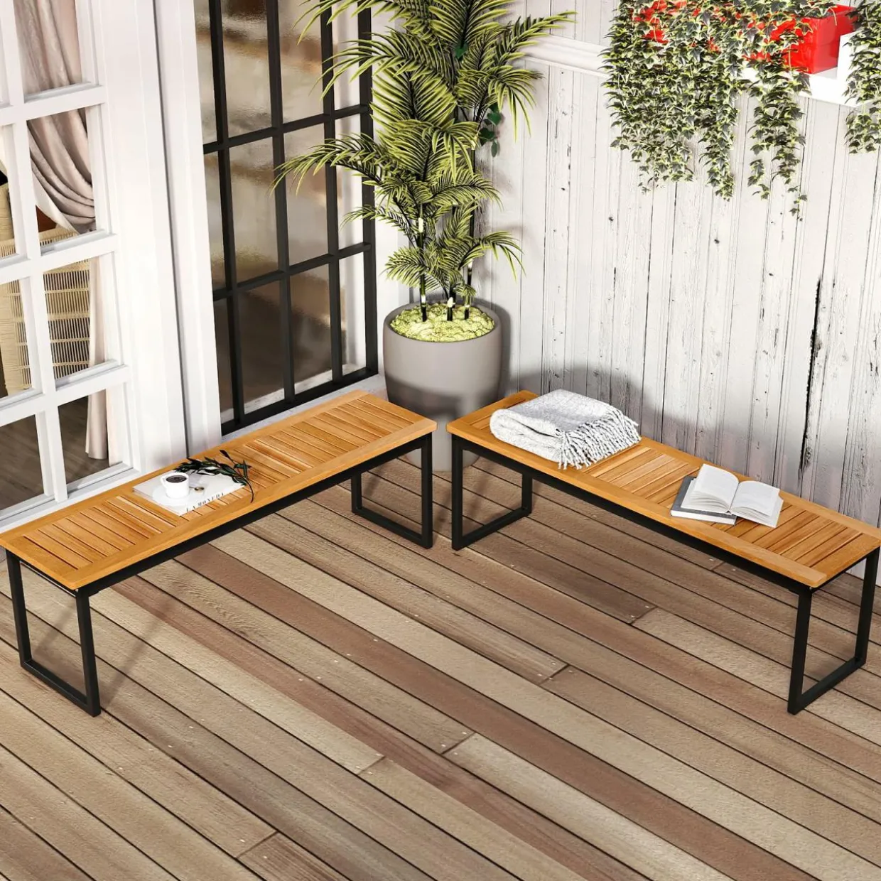 Tangkula Patio Dining Bench, 2-3-person Backless Bench with Slatted Seat & Metal Legs, Indoor Outdoor Bench for Entryway