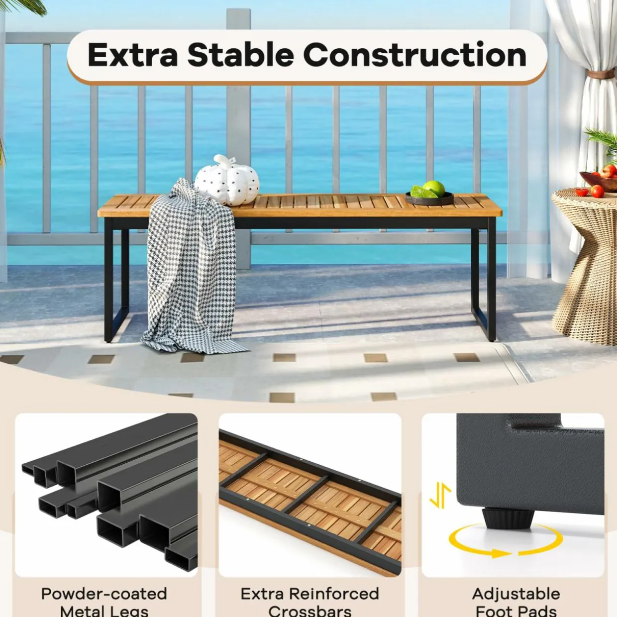Tangkula Patio Dining Bench, 2-3-person Backless Bench with Slatted Seat & Metal Legs, Indoor Outdoor Bench for Entryway