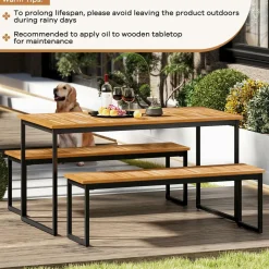 Tangkula Patio Dining Bench, 2-3-person Backless Bench with Slatted Seat & Metal Legs, Indoor Outdoor Bench for Entryway