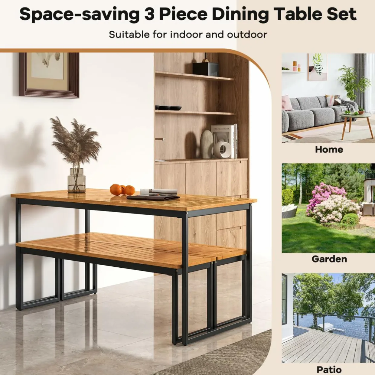 Tangkula Patio Dining Bench, 2-3-person Backless Bench with Slatted Seat & Metal Legs, Indoor Outdoor Bench for Entryway