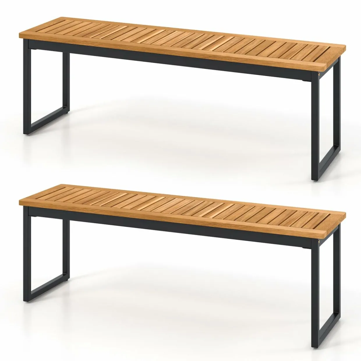 Tangkula Patio Dining Bench, 2-3-person Backless Bench with Slatted Seat & Metal Legs, Indoor Outdoor Bench for Entryway