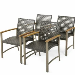 Tangkula Patio Dining Chairs Set of 4, Outdoor PE Wicker & Heavy-Duty Metal Chairs with Acacia Wood Armrests