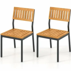Tangkula Patio Dining Chair Set of 2/4, Outdoor Armless Chairs w/Metal and Acacia Wood Frame